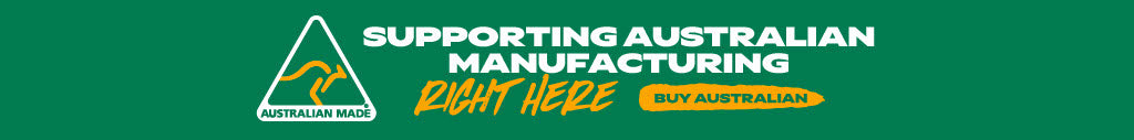 Promotional banner for supporting Australian manufacturing with a green background and Australian Made logo.