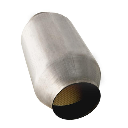 Universal Euro 6 Ceramic Core Catalytic Converter 4" Round Body with stainless steel housing for universal exhaust applications.