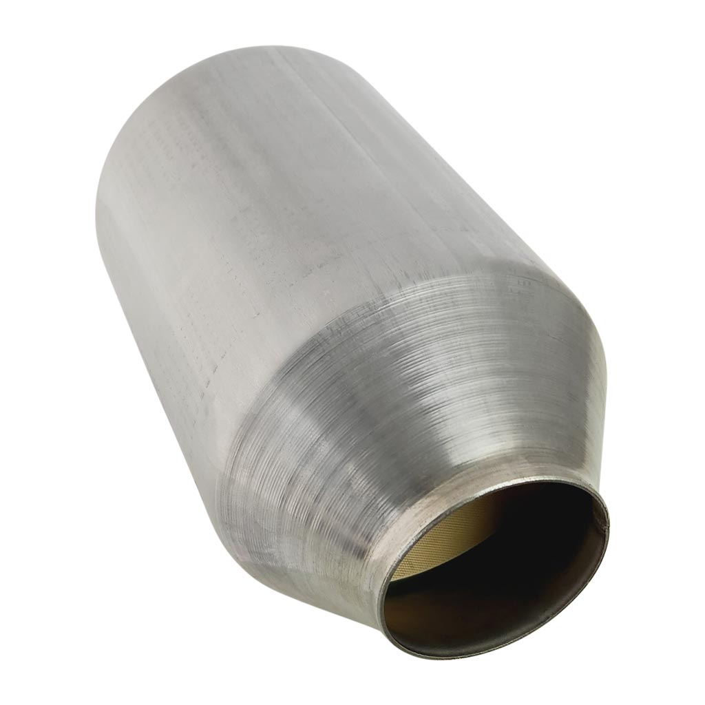 Universal Euro 6 Ceramic Core Catalytic Converter 5" Round Body, stainless steel, for universal exhaust applications in 2", 2.25", and 2.5" sizes.