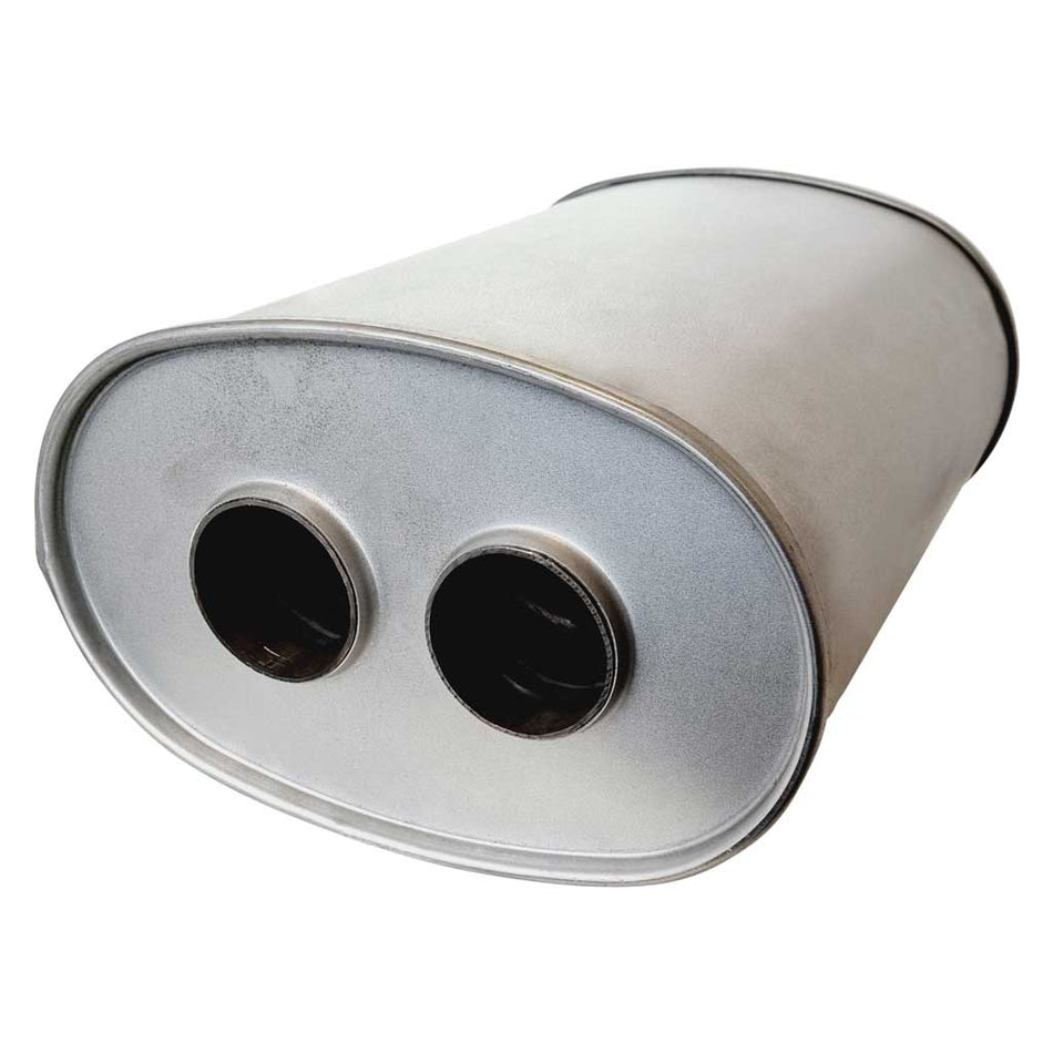10 x 6.5 x 14" Long Oval 2.5" In, Twin 2 .25" Out G/Packed Stainless No Stubs