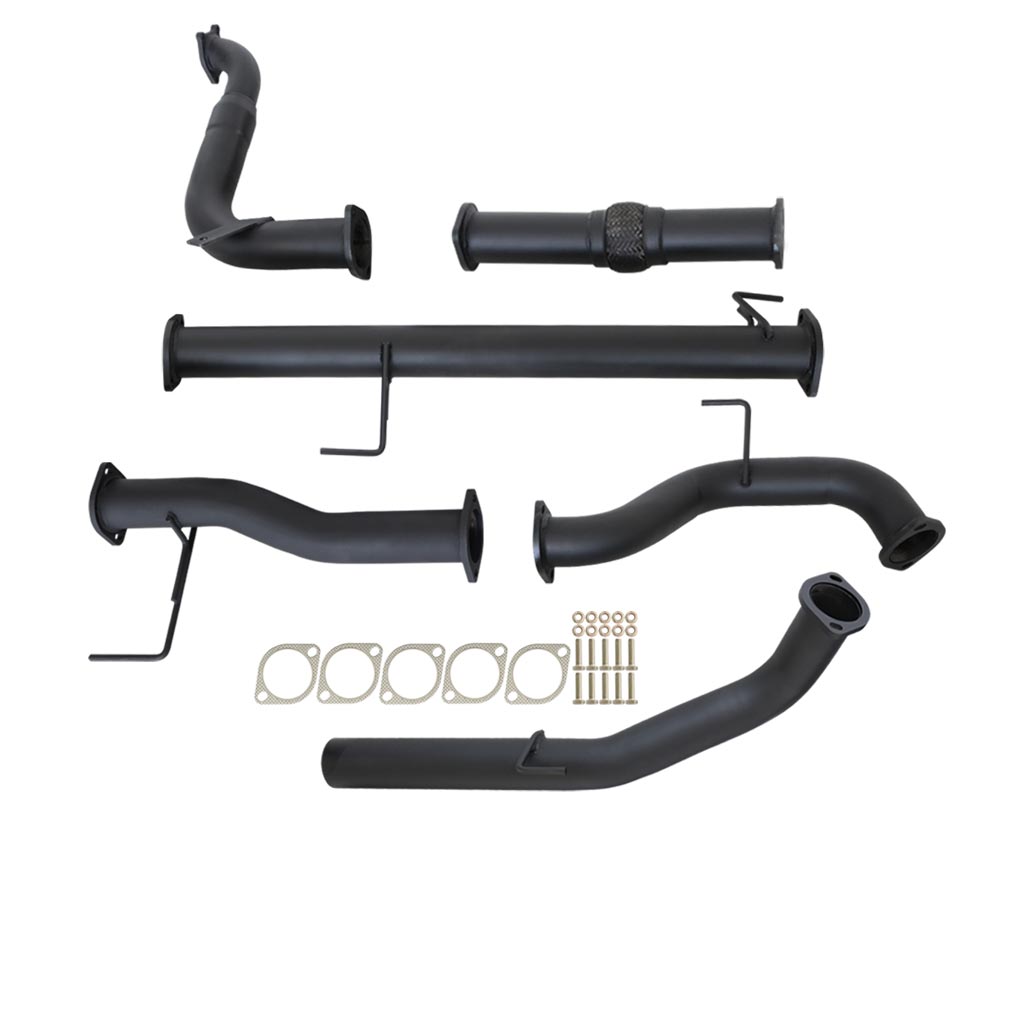Isuzu MUX 2013-2016 3L 3 Inch Turbo Back Exhaust system with black coated steel pipes and mounting hardware.