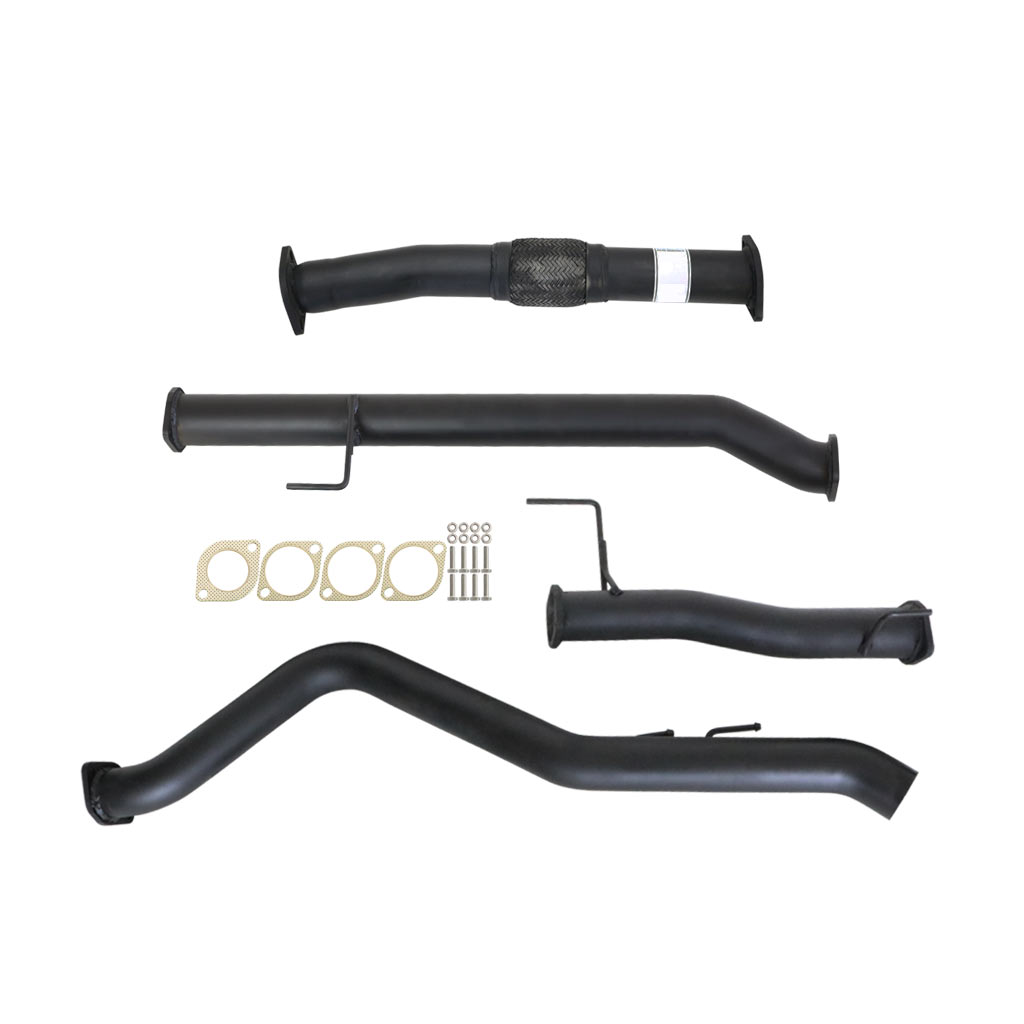 Isuzu D-MAX 2016 Onwards 3L 3 Inch DPF Back Exhaust kit with black powder-coated steel pipes and mounting hardware.