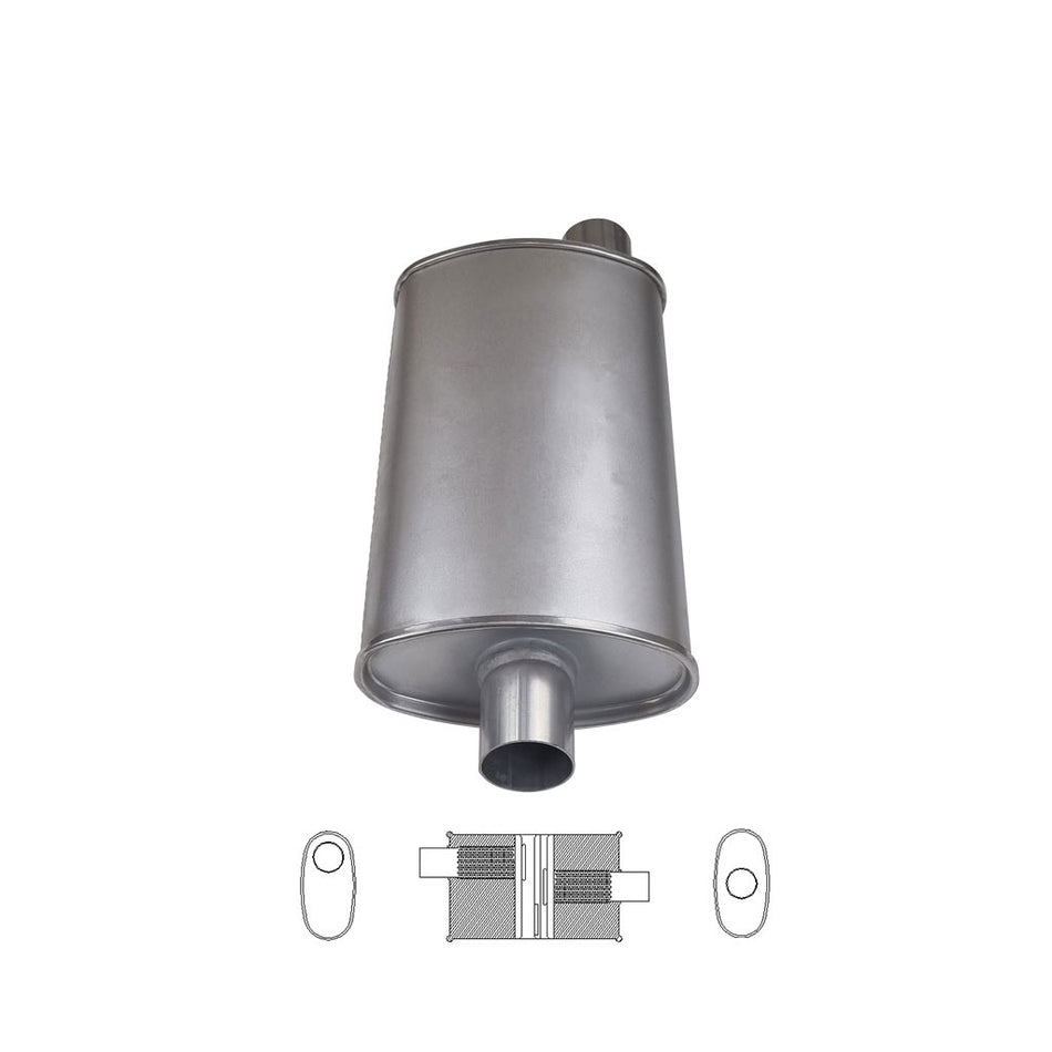 2" Universal Car Muffler 8" x 4" Oval 14" Long Glass Packed Baffled O/C