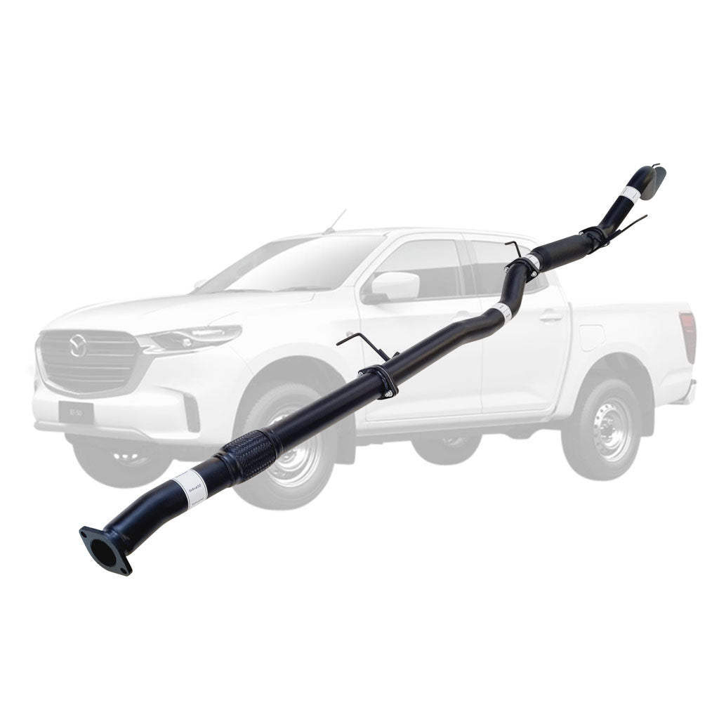 Mazda BT-50 2021 Onwards 3L 3 Inch DPF Back Exhaust made of black coated steel with flange and curved pipe sections.