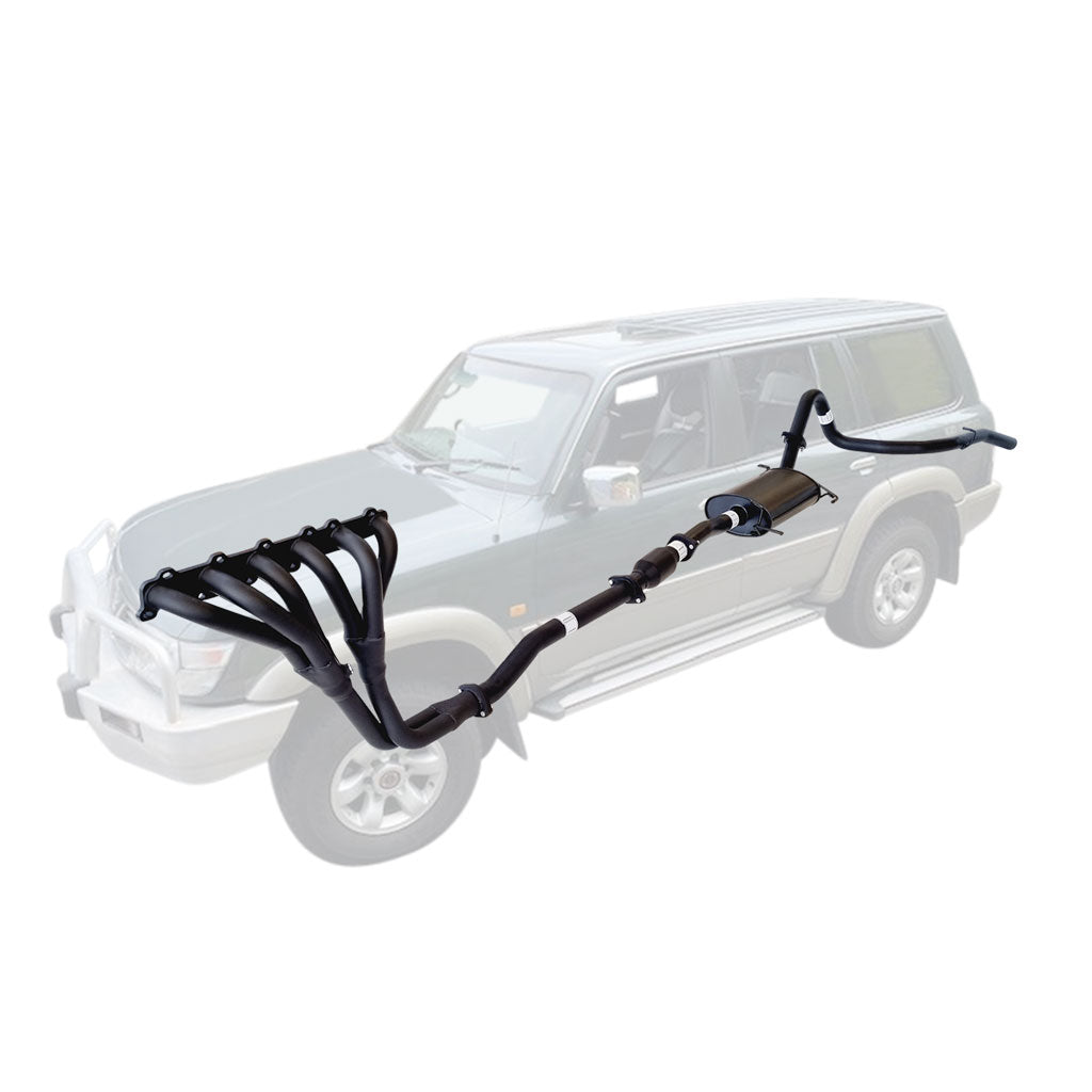 2.5 Inch Sports Exhaust With Headers And Cat To Suit Nissan Patrol Y61 GU 4.5L shown in black steel with manifold and muffler assembly