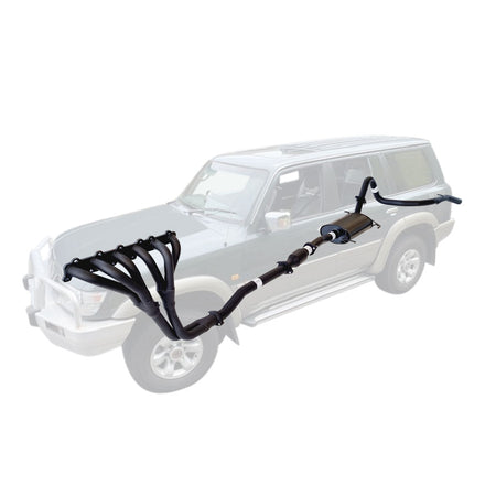 2.5 Inch Sports Exhaust With Headers And Cat To Suit Nissan Patrol Y61 GU 4.5L shown in black steel with manifold and muffler assembly