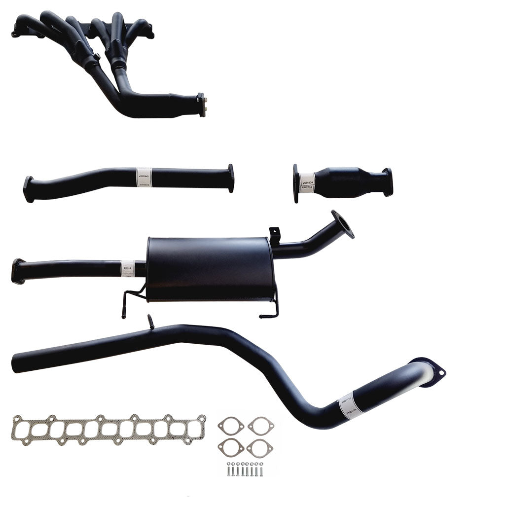 2.5 Inch Sports Exhaust With Headers And Cat To Suit Nissan Patrol Y61 GU 4.5L in black steel with multiple pipe sections and gaskets