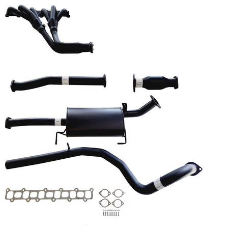 2.5 Inch Sports Exhaust With Headers And Cat To Suit Nissan Patrol Y61 GU 4.5L in black steel with multiple pipe sections and gaskets