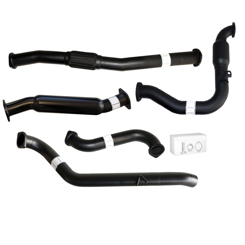 Nissan Patrol Y61 GU 3L ZD30 Wagon 3 Inch Turbo Back Exhaust 2000-2016 with multiple black coated stainless steel pipes and hardware kit.