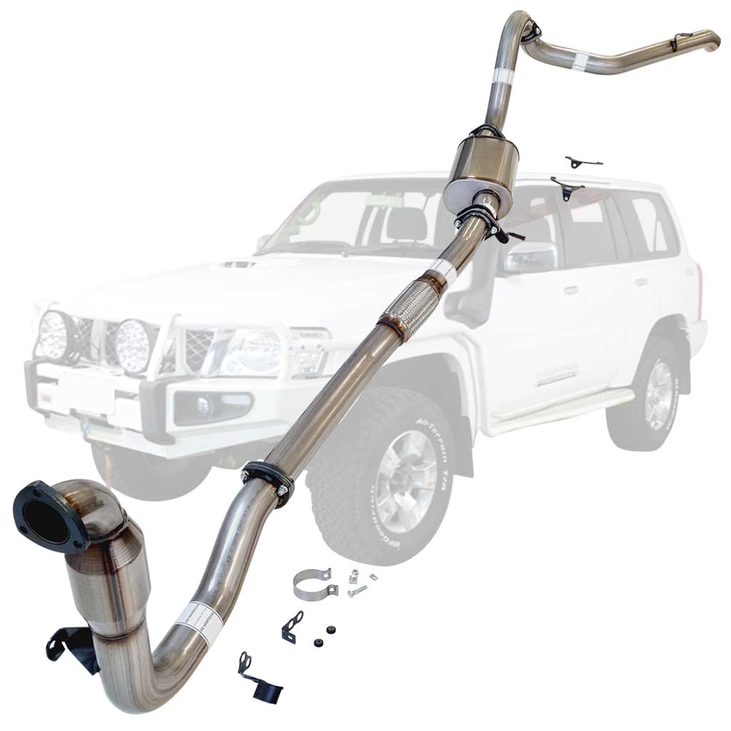 Nissan Patrol Y61 GU 3L ZD30 Wagon 3 Inch Turbo Back Exhaust 2000-2016 stainless steel system with clamps and hangers visible