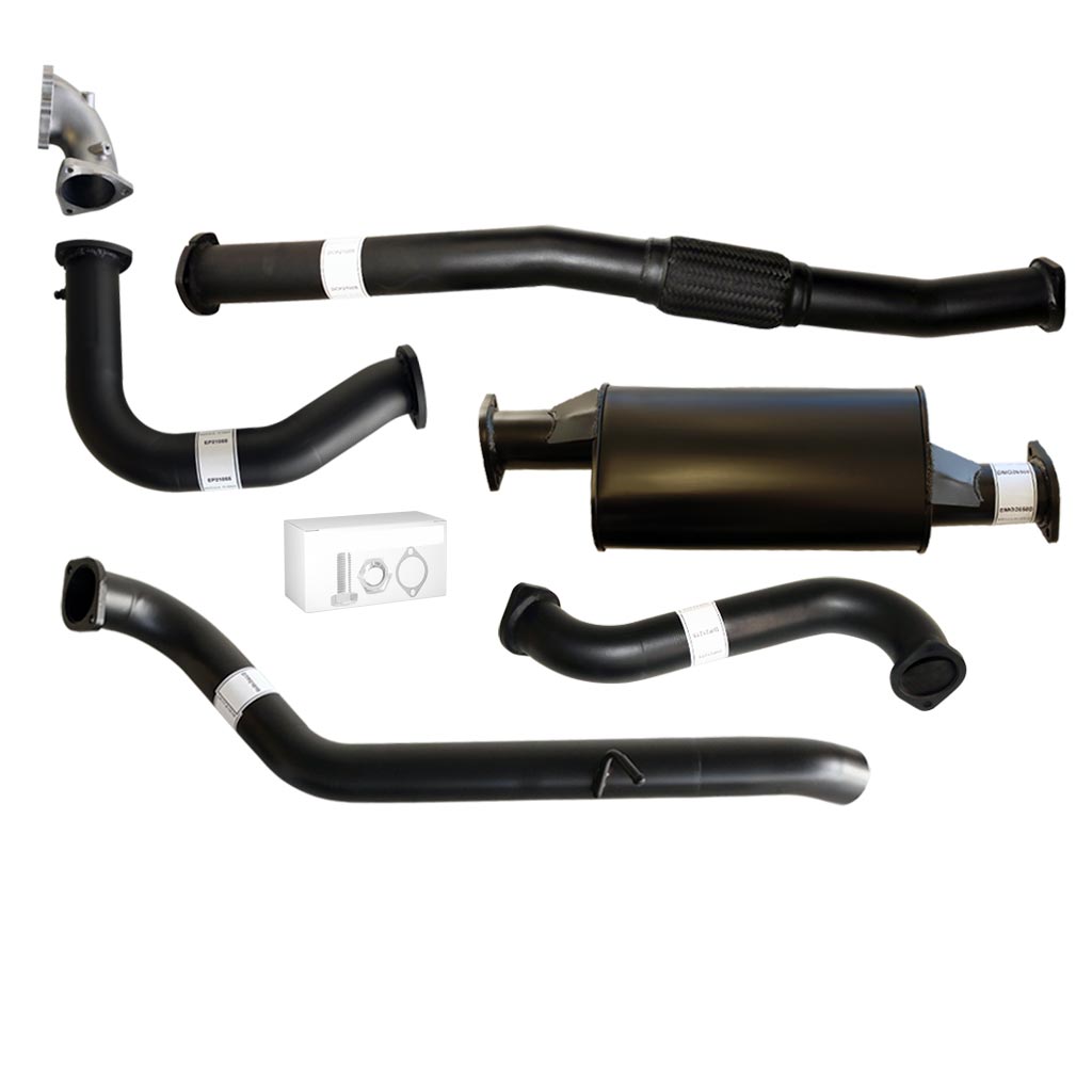 Nissan Patrol Y61 GU TD42 Wagon 3 Inch Turbo Back Exhaust with Stainless Cast Dump Pipe parts laid out including muffler and pipes