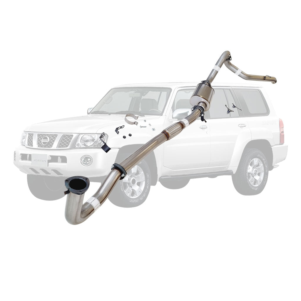 Nissan Patrol Y61 GU TD42 Wagon 3 Inch Dump Pipe Back Exhaust stainless steel pipe with muffler and flange components against vehicle background