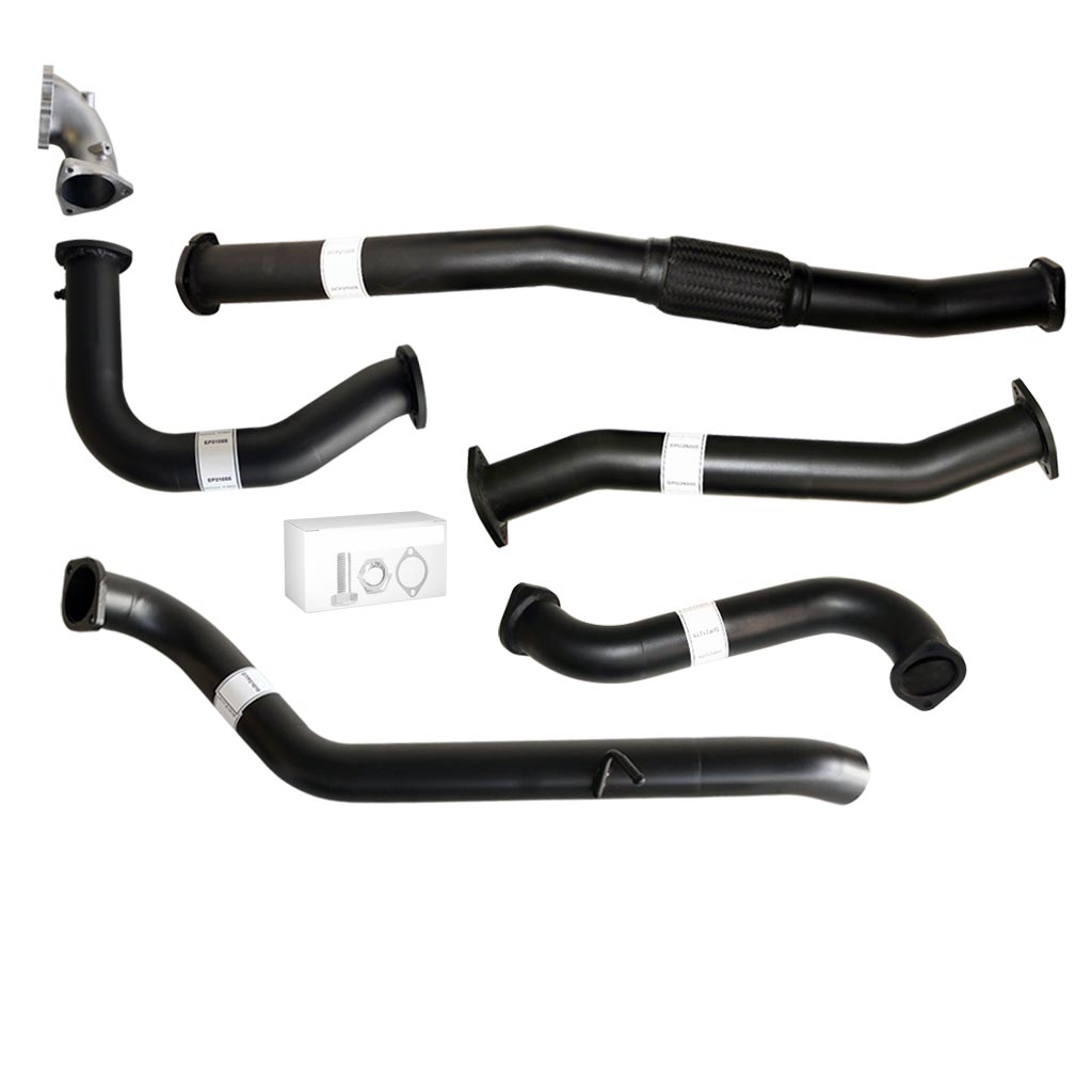 Nissan Patrol Y61 GU TD42 Wagon 3 Inch Turbo Back Exhaust with Stainless Cast Dump Pipe components laid out on white background.