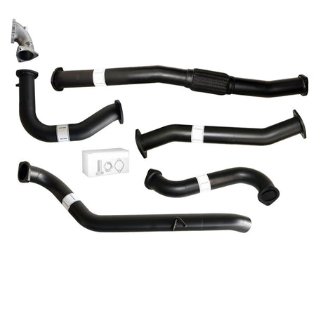 Nissan Patrol Y61 GU TD42 Wagon 3 Inch Turbo Back Exhaust with Stainless Cast Dump Pipe components laid out on white background.