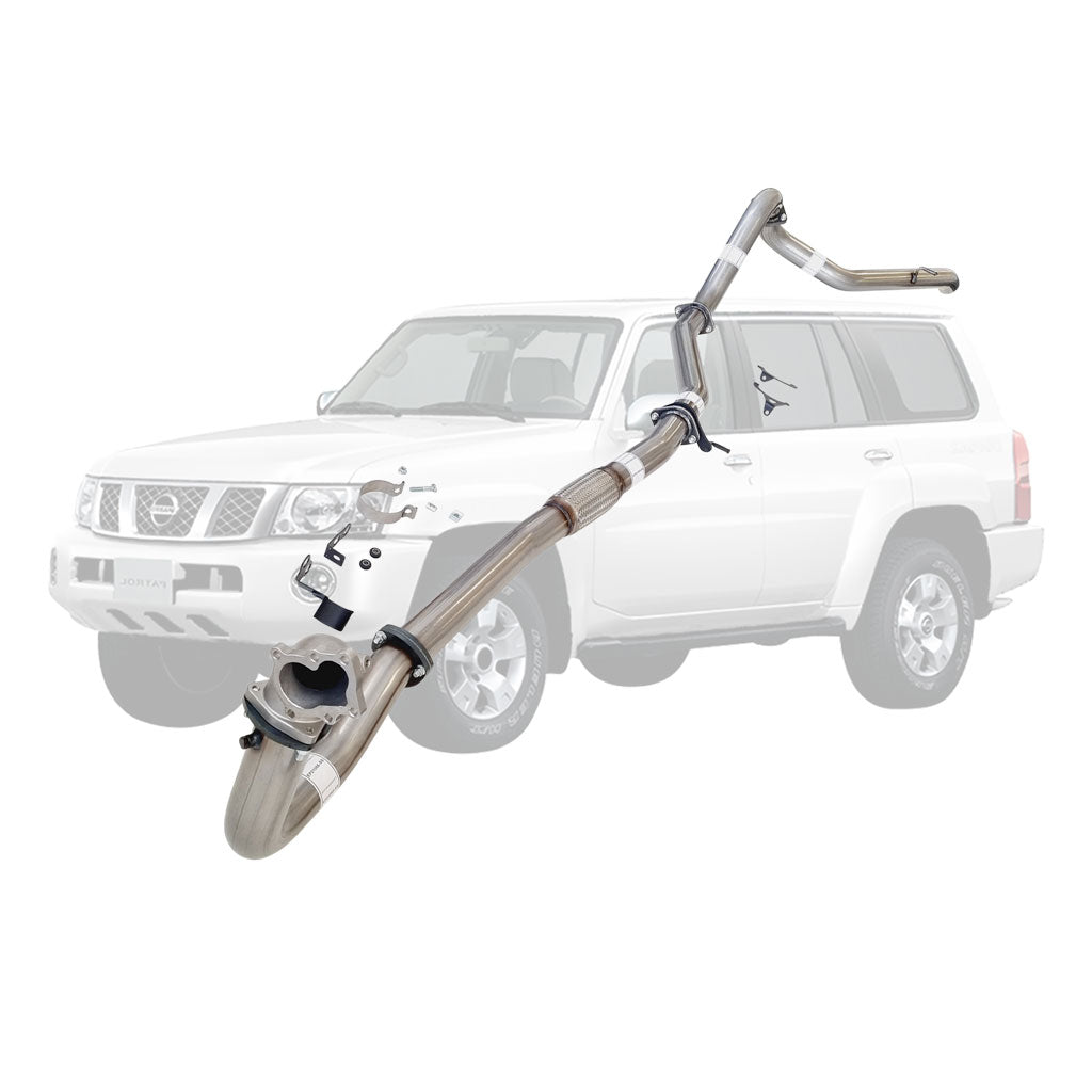 Nissan Patrol Y61 GU TD42 Wagon 3 Inch Turbo Back Exhaust with Stainless Cast Dump Pipe showing stainless steel tubular design