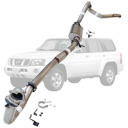 Nissan Patrol Y61 GU TD42 Wagon 3 Inch Turbo Back Exhaust with Stainless Cast Dump Pipe with mounting hardware and vehicle outline.