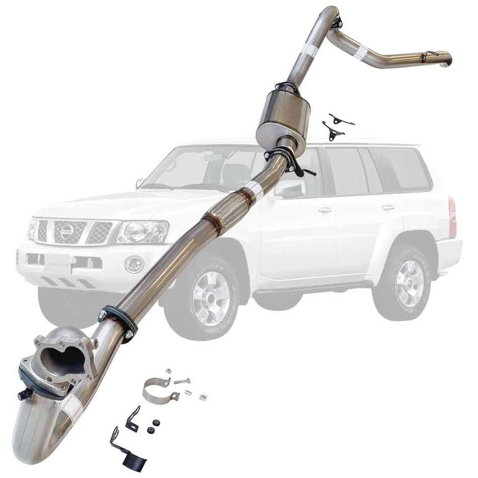Nissan Patrol Y61 GU TD42 Wagon 3 Inch Turbo Back Exhaust with Stainless Cast Dump Pipe with mounting hardware and vehicle outline.