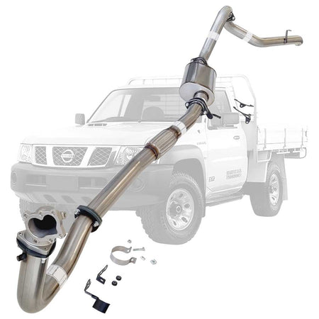 Nissan Patrol Y61 GU 4.2L TD42 Ute 3 Inch Turbo Back Exhaust Cast Dump 1996 - 2006 shown with clamps and fittings