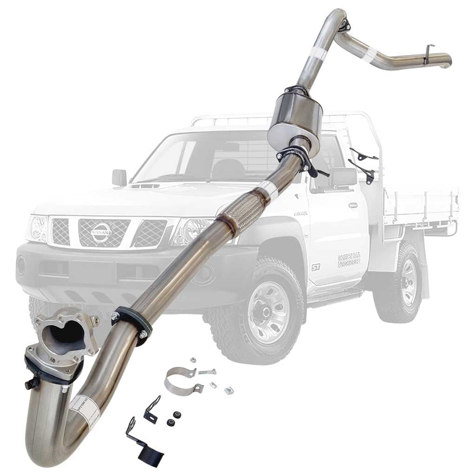 Nissan Patrol Y61 GU 4.2L TD42 Ute 3 Inch Turbo Back Exhaust Cast Dump 1996 - 2006 shown with clamps and fittings