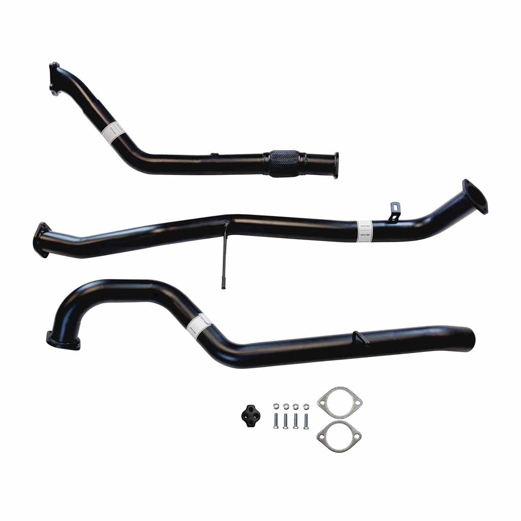 Nissan Patrol Y61 GU 2.8L Wagon 3 Inch Turbo Back Exhaust 1997 - 2000 **** Made To Order **** black steel exhaust pipes and mounting hardware isolated on white.