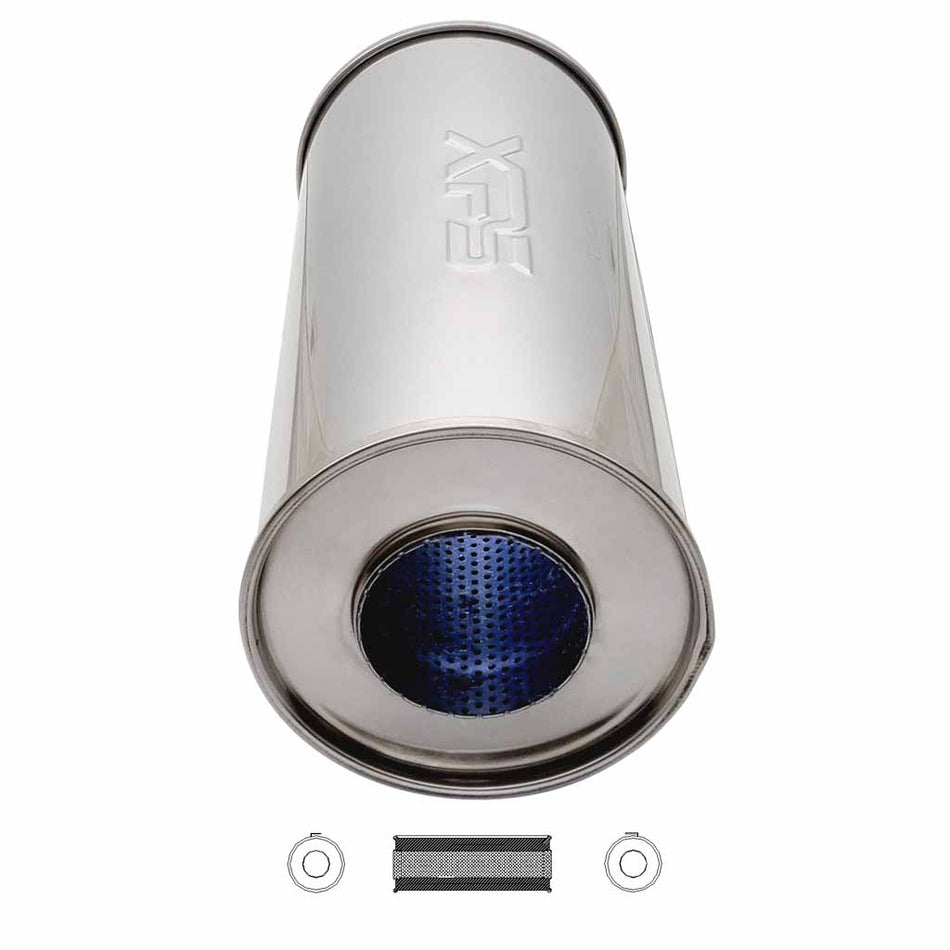 6" Round x 14" Long 3" C/C Polished Stainless Steel Muffler Straight Through