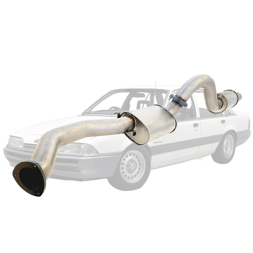 Commodore VL Turbo Sedan 3.5" Stainless Catback Exhaust With Front And Rear Mufflers displayed over sedan outline