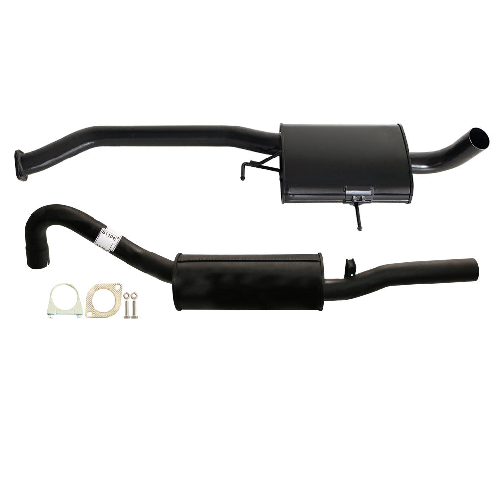 Commodore VN VP VR V6 V8 And (VS V8 Only) Sedan 2.5 Inch Catback Exhaust With Muffler in black steel with mounting hardware.