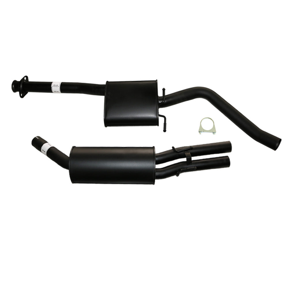 Commodore VT VX VY V6 Sedan 2.5 Inch Catback Exhaust - Mufflers And Dual Outlet exhaust system components in black steel