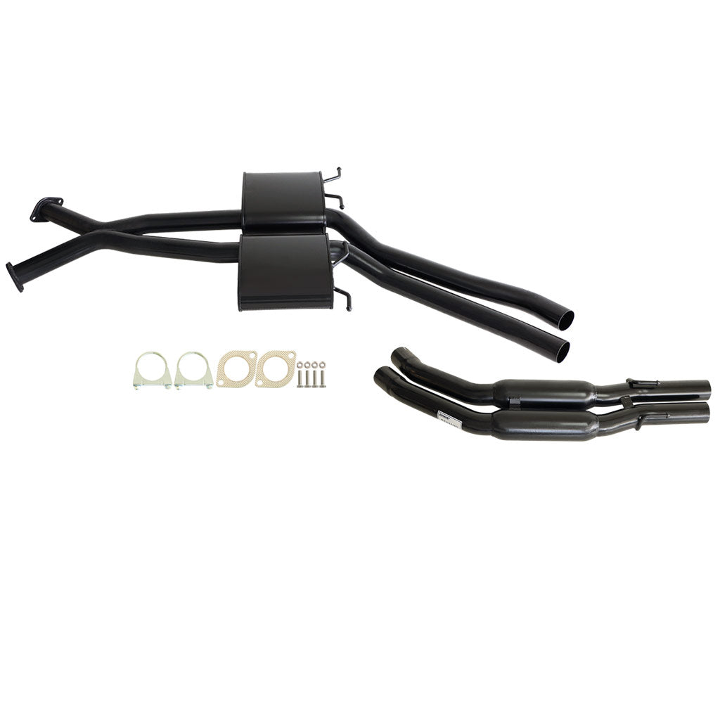 Holden Commodore VT VX VY VZ V8 & VZ V6 Sedan Twin 2.5" Exhaust -Muffler/Hotdog with black coated steel pipes and mounting hardware.