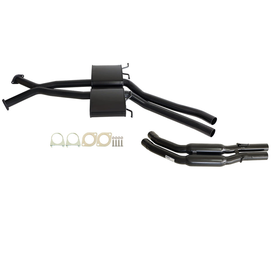 Holden Commodore VT VX VY VZ V8 & VZ V6 Sedan Twin 2.5" Exhaust -Muffler/Hotdog with black coated steel pipes and mounting hardware.