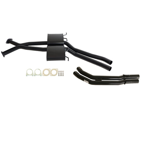 Holden Commodore VT VX VY VZ V8 & VZ V6 Sedan Twin 2.5" Exhaust Mufflerandtailpipe with black coated steel construction and mounting hardware.