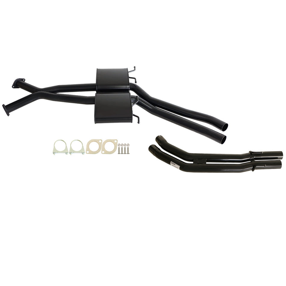 Holden Commodore VT VX VY VZ V8 & VZ V6 Sedan Twin 2.5" Exhaust Mufflerandtailpipe with black coated steel construction and mounting hardware.