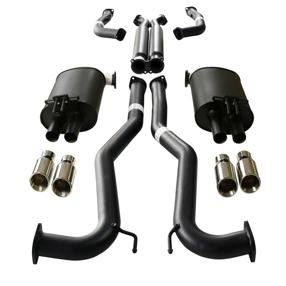 Commodore VE VF V6 V8 Sedan Wagon Twin 3" Catback Exhaust Hdx Pipe & Angle Tips in black steel with polished tips