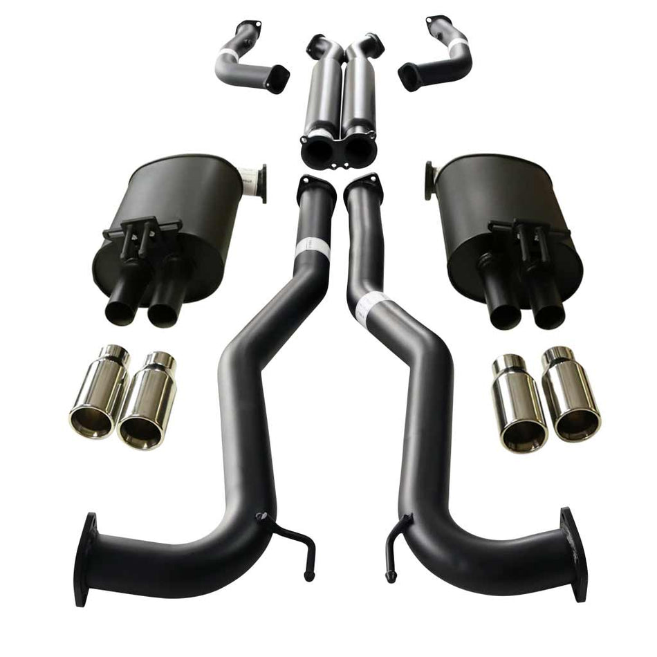 Commodore VE VF V6 V8 Sed Wag Twin 3" Catback Exhaust Hdx Pipe And Straight Tips with black pipes and polished stainless tips.
