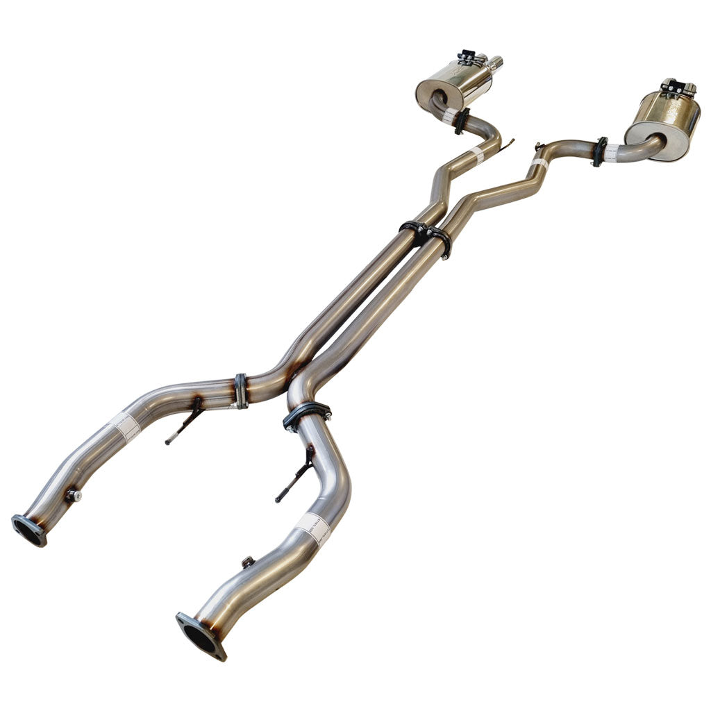 Commodore VE VF V6 V8 Sed Wag Twin 3" Stainless Steel Catback Exhaust X Pipe And Angle Cut Tips showing welded stainless steel tubing and mufflers