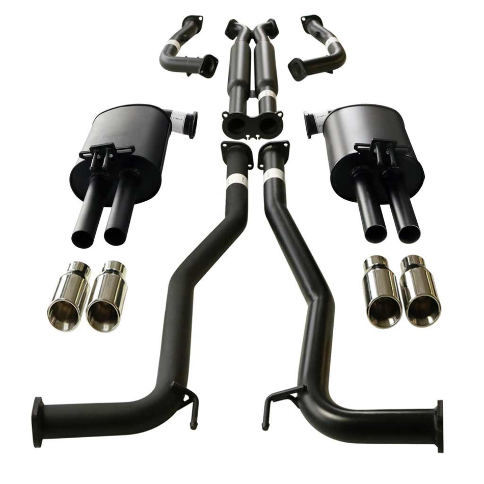 Commodore VE VF V6 V8 Ute And Statesman WM WN Twin 2.5 Inch Catback Exhaust - Hdx Pipe & Angle Tips showing black steel pipes and stainless steel tips.