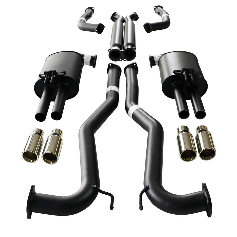 Commodore VE VF V6 V8 And Statesman WM WN Ute Twin 3 Inch Catback Exhaust - Hdx Pipe & Straight Tips in black steel with dual mufflers and chrome tips