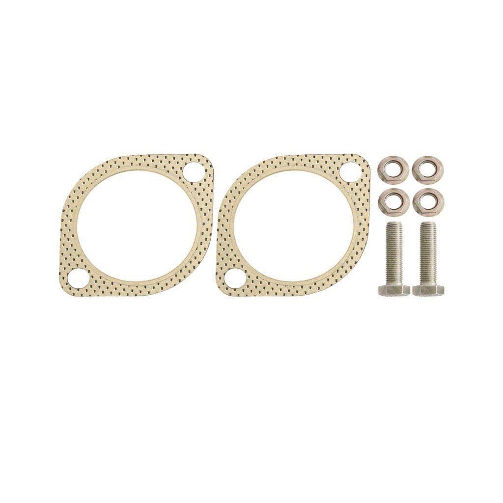 Two beige exhaust gaskets with bolt holes, two bolts, and four nuts for Ford Falcon BA BF 6Cyl Wagon 2.5 Inch Catback Sports Exhaust