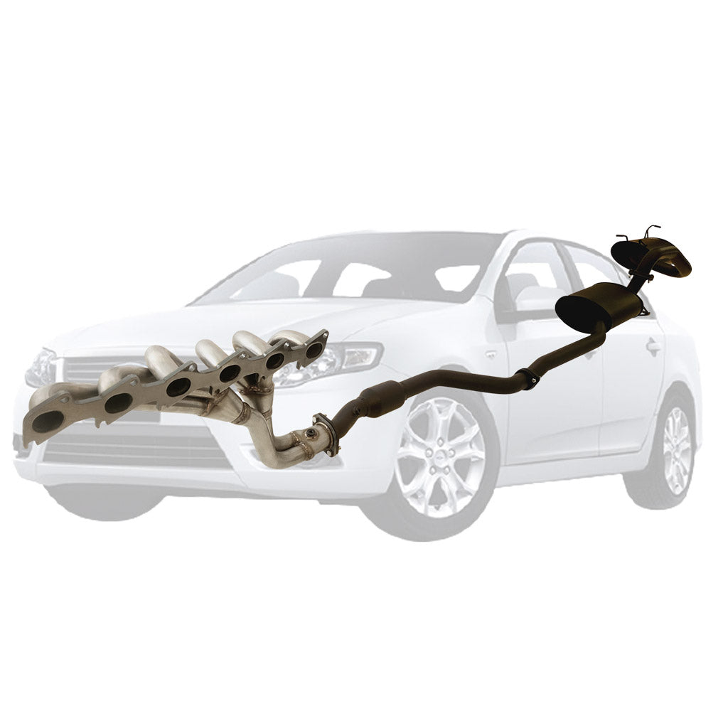 Ford Falcon FG XT Sedan 2.5" Exhaust With XPS Extractor, Hiflow Cat, Front And Rear Muffler displayed against car outline