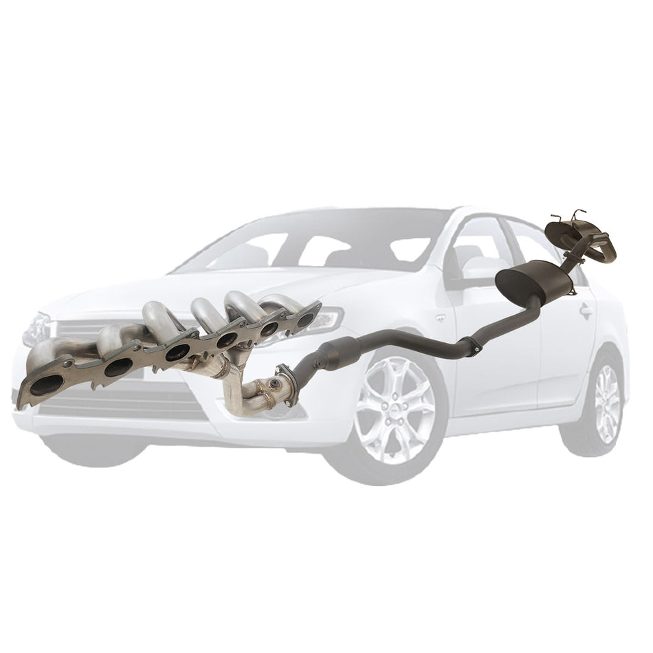 Ford Falcon FG XR6 Sedan 2.5 Inch Exhaust with XPS Extractor dual rear muffler and Hiflow cat shown over car outline