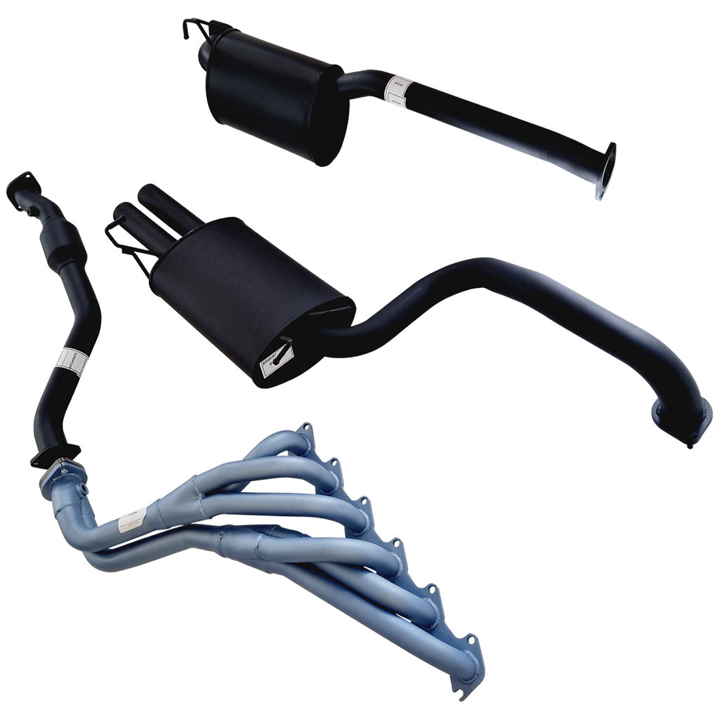 Ford Falcon FG XR6 Sedan 2.5 Inch Exhaust W/Pacemaker Extractor Dual Rear Muffler And Hiflow Cat shown as black and silver steel pipe components