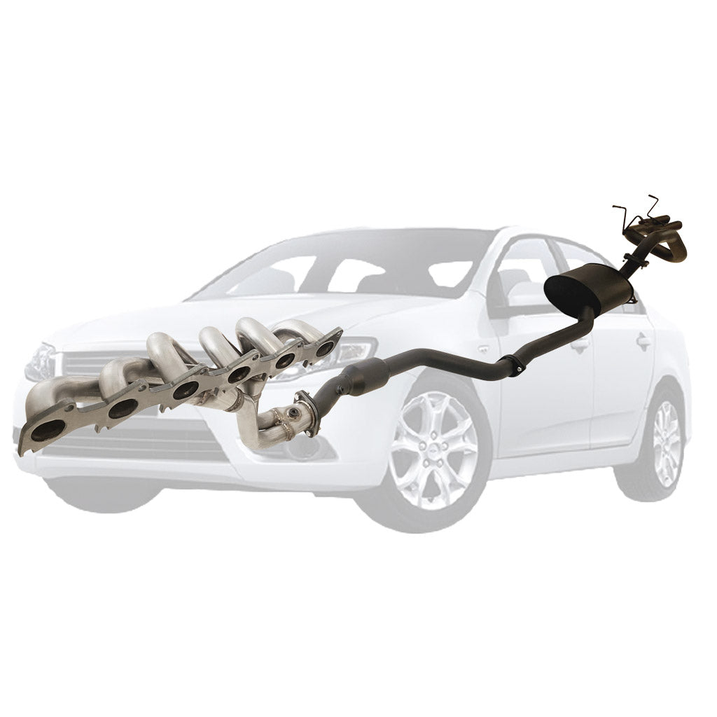 Ford Falcon FG XR6 Sedan 2.5 Inch Exhaust With XPS Extractor Dual Rear T/Pipe And Hiflow Cat system displayed with car outline