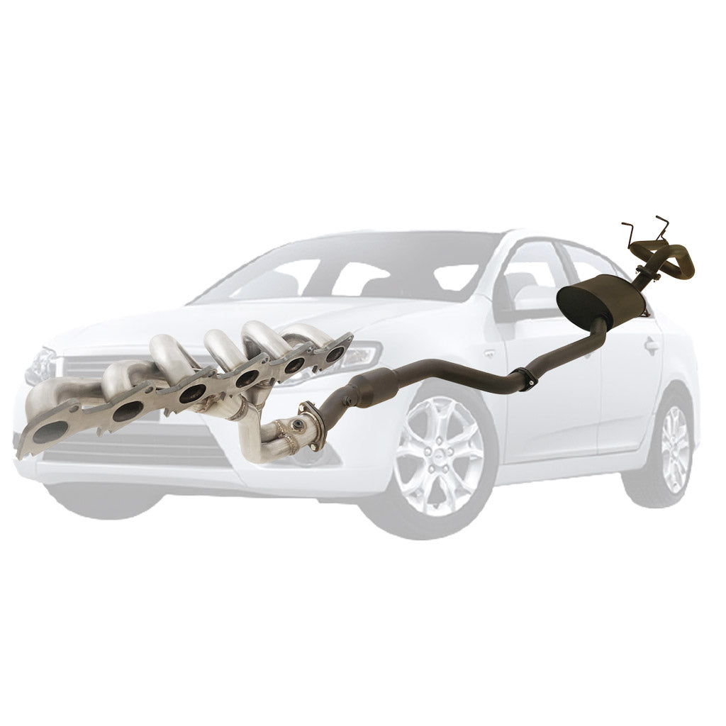 Ford Falcon FG XR6 Sedan 2.5 Inch Exhaust With XPS Extractor Rear T/Pipe And Hiflow Cat displayed with stainless steel headers and black muffler