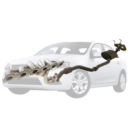 Ford Falcon FG XR6 Sedan 2.5 Inch Exhaust With XPS Extractor Rear T/Pipe And Hiflow Cat displayed with stainless steel headers and black muffler