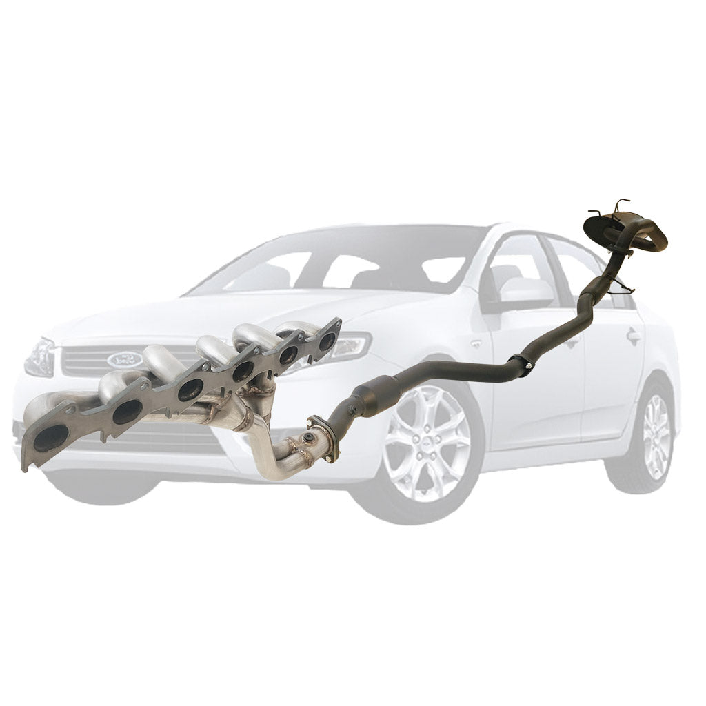 Ford Falcon FG XT Sedan 2.5" Exhaust With XPS Extractor, Hiflow Cat, Hotdog Centre And Rear Muffler in stainless steel components