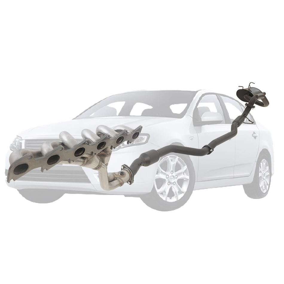 Ford Falcon FG XR6 Sedan 2.5 Inch Exhaust With XPS Extractor, Hotdog Front, Dual Rear Muffler And Hiflow Cat installed on sedan outline