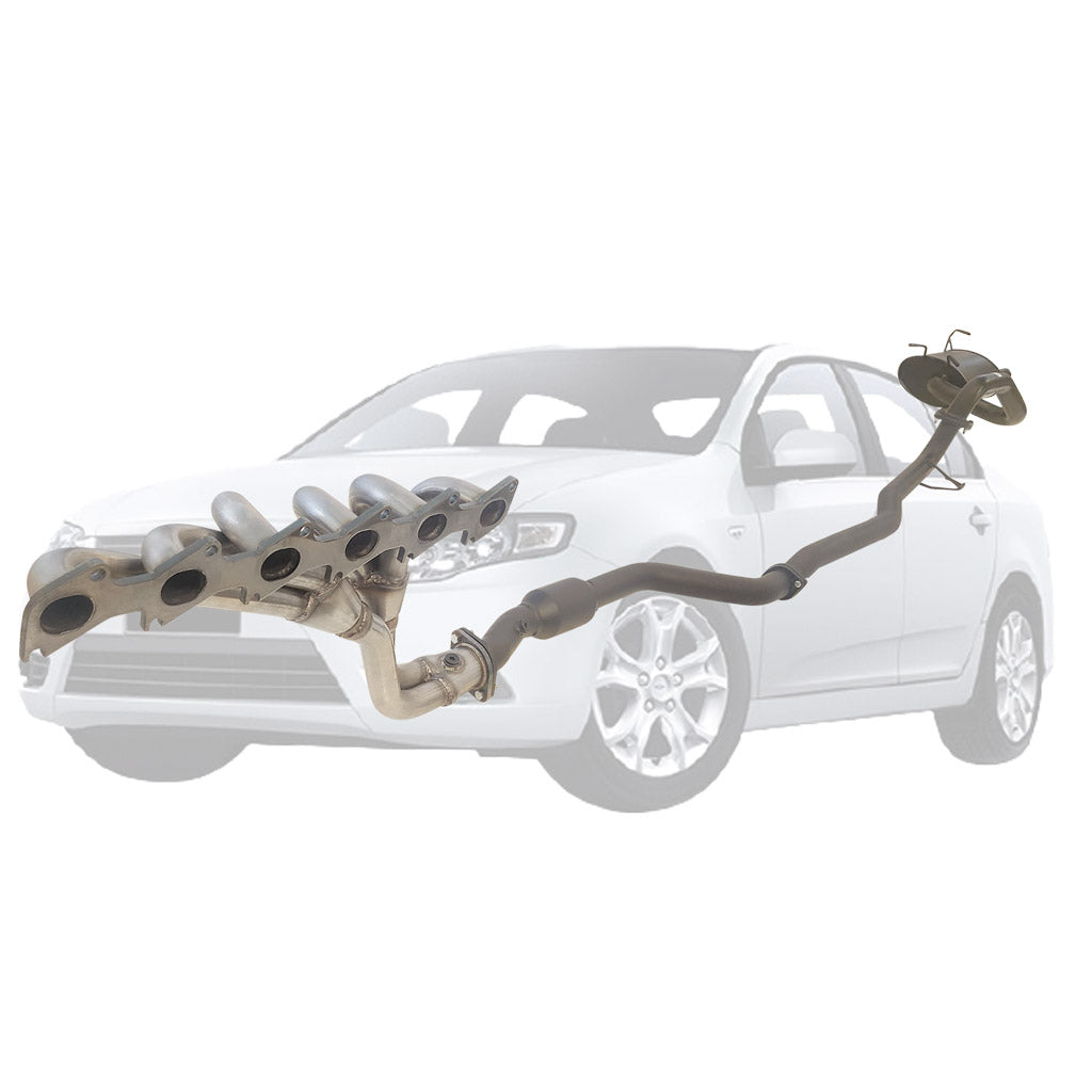 Ford Falcon FG XR6 Sedan 2.5 Inch Exhaust With XPS Extractor, Front Pipe, Dual Rear Muffler And Hiflow Cat shown with vehicle outline