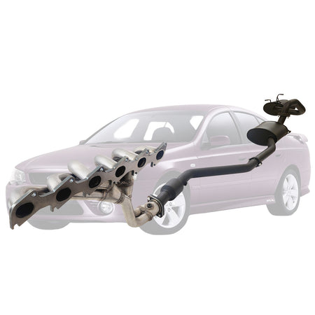 Ford Falcon BA BF XR6 Sedan 2.5 Inch Exhaust With XPS Extractor, Hiflow Cat, Front And Rear Muffler shown against sedan backdrop