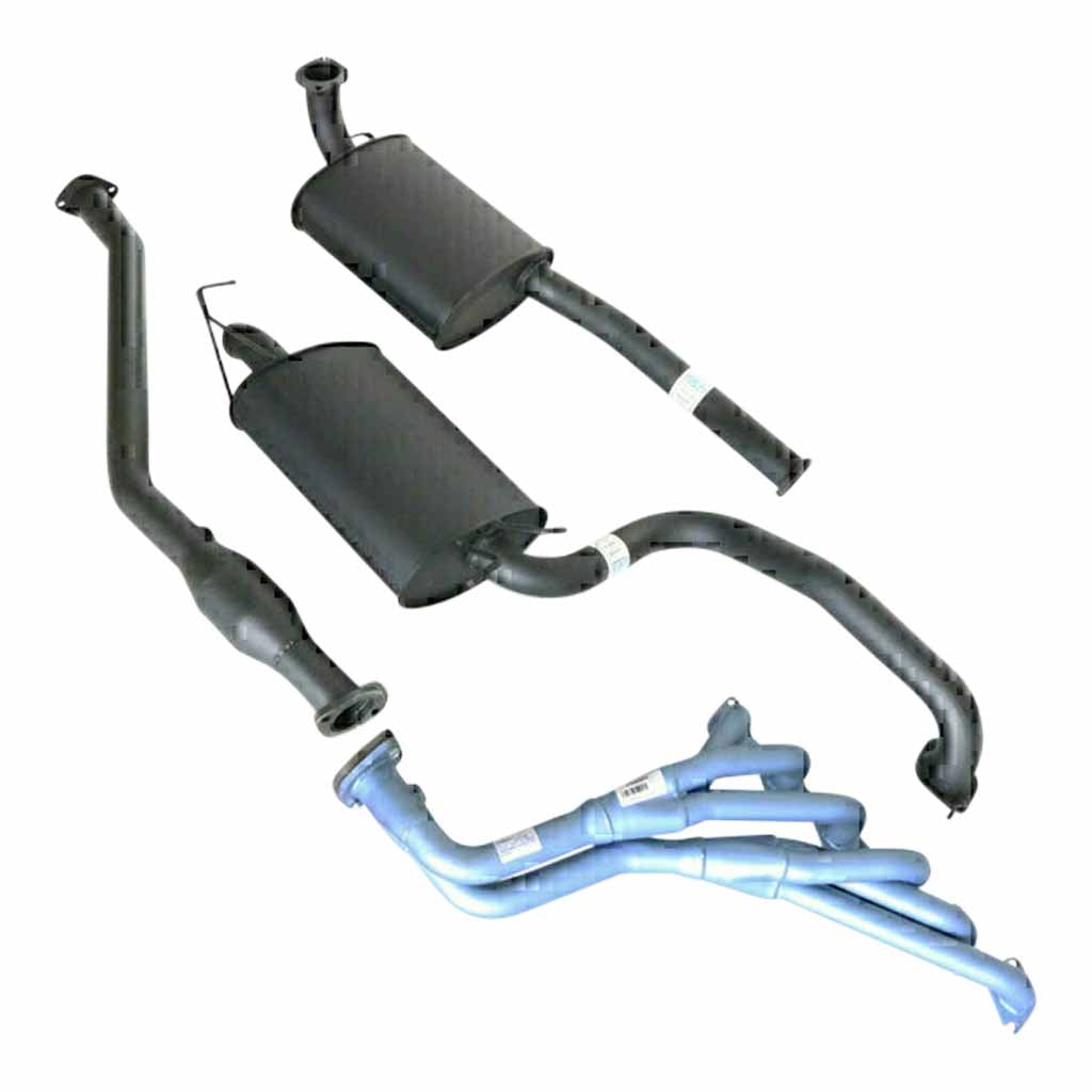 Ford Falcon BA BF XR6 Sedan 2.5 Inch Exhaust W/Pacemaker Extractor & Hiflow Cat with black mufflers and blue-coated extractor pipe