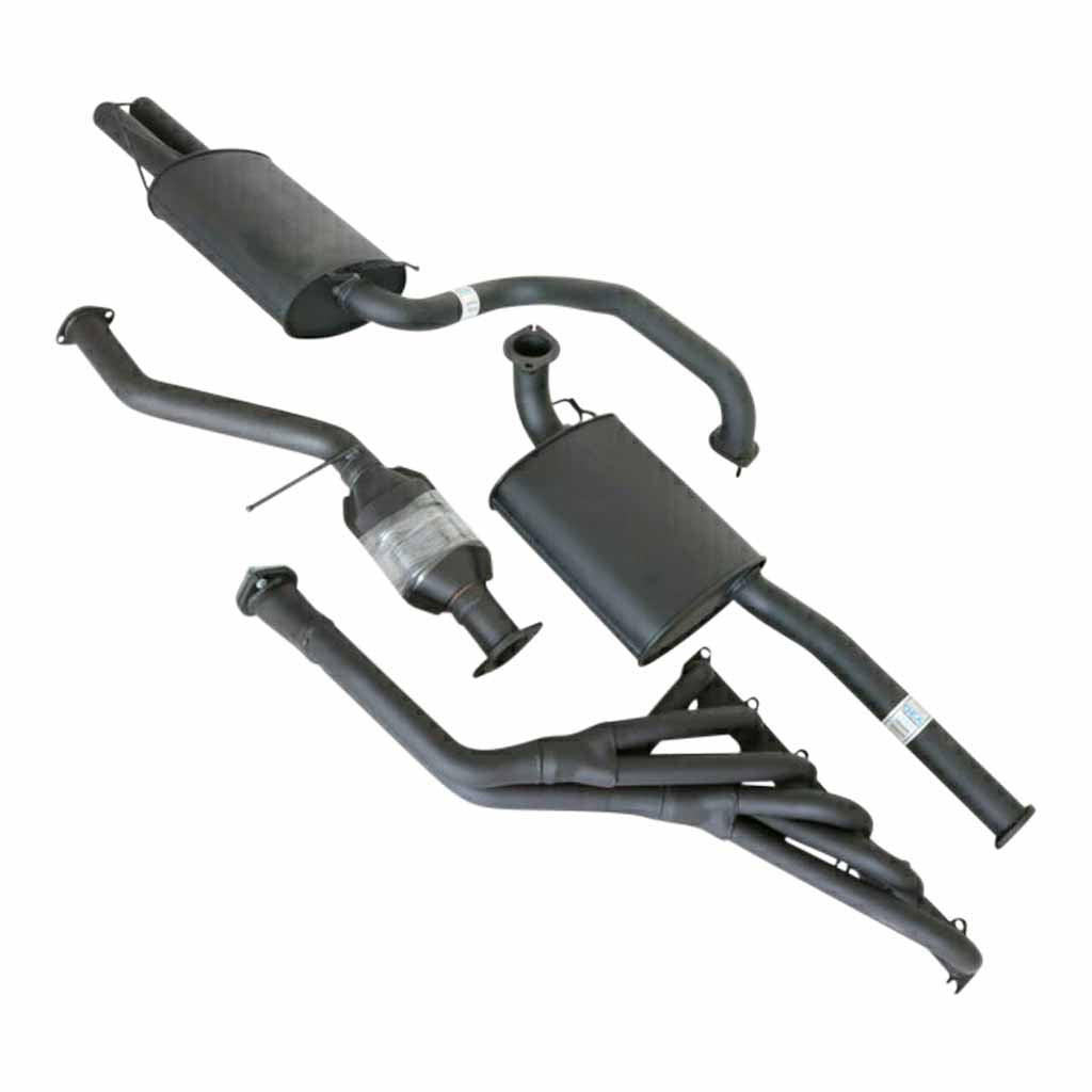 Falcon BA XR6 Sedan 2.5 Inch Catback Sports Exhaust With Headers And Hi-Flow Cat in black coated steel with multiple exhaust components.